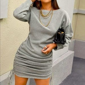 Drop Shoulder Ruched Drawstring Knot Sweatshirt Dress